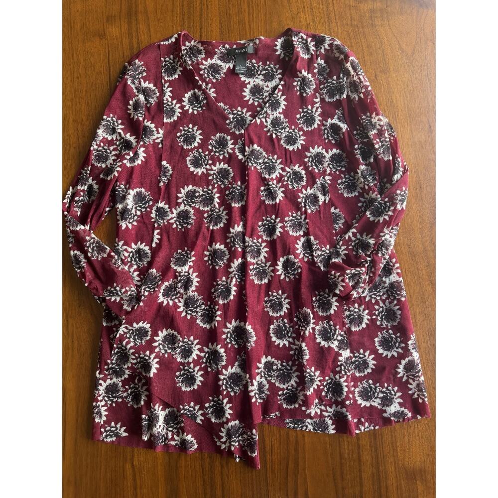 Alfani Women's Burgundy Floral Mesh V-neck Tunic Top - Size L
